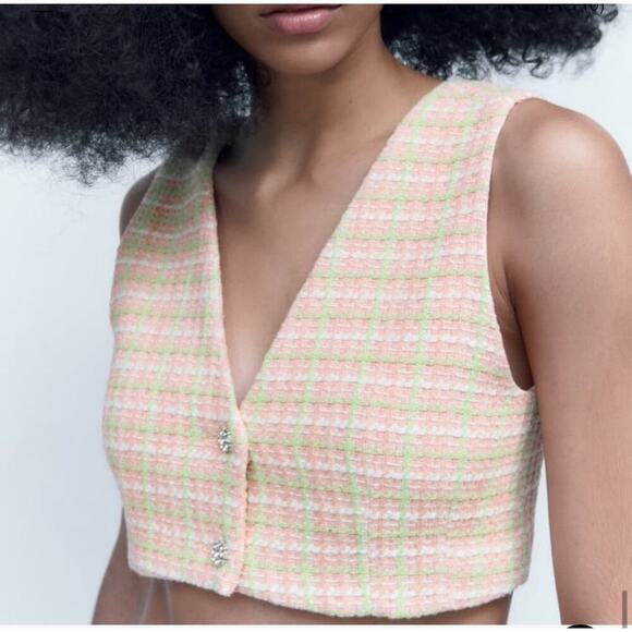 ZARA Pink & Green Tweed Cropped Vest - Vintage-Inspired Button Front Top - Picture 2 of 9